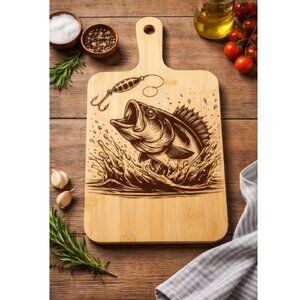Custom Laser Engraved Bamboo Cutting Board - 15.5 X 7.6 Inch - Fishing Images
